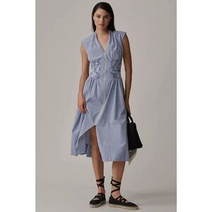 New Anthropologie Maeve The Tommie Cap-Sleeve Smocked Front-Zip Shirt Dress Shin